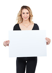 Image showing Sign, portrait and woman with poster for mockup, marketing or advertising space in studio isolated on a white background. Product placement, branding and female with banner for mock up or promotion.