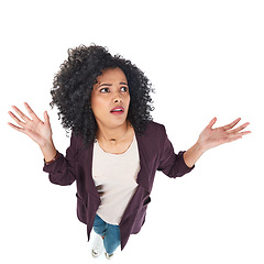 Image showing Doubt, confused and black woman with shrug thinking of problem, dilemma or risk of decision. Anxiety, stress and puzzled model unsure of choice expression on isolated studio white background.