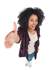 Image showing Portrait, business woman and top view handshake in studio isolated on white background. Introduction, greeting and female employee shaking hands for deal, agreement or contract, onboarding or welcome