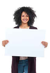 Image showing Portrait, sign and black woman with mockup poster, marketing or advertising space isolated on white background in studio. Product placement, branding and female with banner for mock up or promotion.