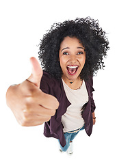 Image showing Portrait, thumbs up top view and woman in studio isolated on a white background. Thank you, thumbsup and black female employee with hand gesture for success, support or motivation, yes or like emoji.