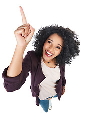 Image showing Portrait, pointing and excited with a model black woman in studio isolated on a white background from above. Face, point and direction with a female on blank space for marketing or advertising