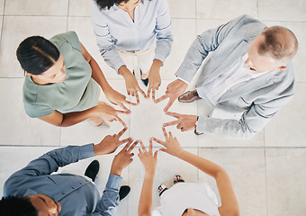 Image showing Peace, hands and top view of team building, business people and support in collaboration, hope and company mission. Trust, partnership and star fingers, v sign emoji and diversity teamwork of success