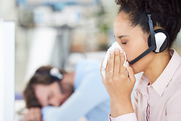 Image showing Customer service, call center and sick woman blowing nose in office workplace. Covid, cold and black female telemarketing employee, sales agent or consultant with tissue for flu, corona or covid 19.