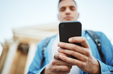 Image showing Man, hands or phone on university, college campus or school exam calendar, class schedule or social media. Zoom, student low angle or mobile technology in education learning or scholarship research