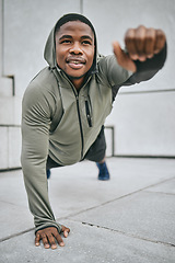 Image showing Strength training, stretching and black man with fitness vision, body balance and health goal in the city of Canada. Commitment, plank and African athlete on stairs for urban workout and cardio