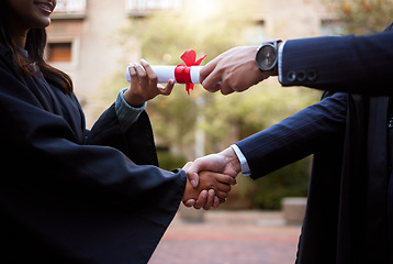 Image showing Black woman, handshake or diploma in university graduation ceremony, award event or certificate prize giving. Zoom, student or man shaking hands and college degree, school campus or thank you gesture