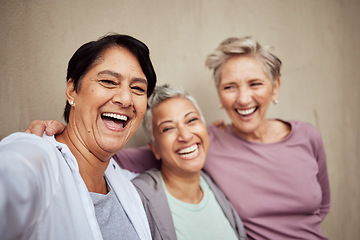 Image showing Selfie, senior women and happy fitness group, support and healthy lifestyle together. Portrait of elderly female friends, sports and wellness on wall background for workout collaboration in community