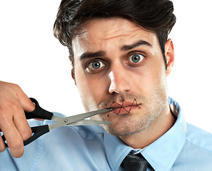 Image showing Portrait, scissors and stitch on the lips of a man in studio isolated on a white background cutting for freedom of speech. Communication, silent and sealed with a handsome young male on blank space