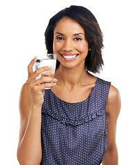 Image showing Portrait, happy or black woman drinking water in studio on white background with marketing mockup space. Smile, face or healthy girl drinks natural liquid or glass beverage for hydration or wellness