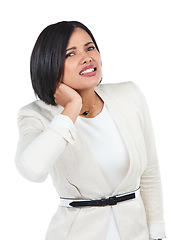 Image showing Woman, corporate portrait or neck pain in studio from stress, burnout or tired by white background. Black woman, business leader or isolated for injury, hurt muscle or frustrated in professional suit