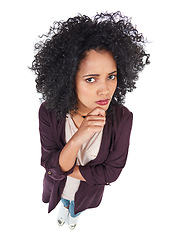 Image showing Black woman, thinking face and hands with top view for idea, question or doubt isolated in white background. African girl, thoughtful vision and questioning decision or pensive thoughts in studio