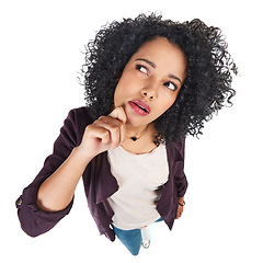 Image showing Top view, black woman and thinking with focus and girl isolated on white studio background. African American female, lady and concentration with ideas, decisions and wonder with thoughts or wondering