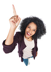 Image showing Top view, black woman and pointing with smile, mockup and girl isolated on white studio background. African American female, lady or gesture for space, marketing or person with happiness on backdrop