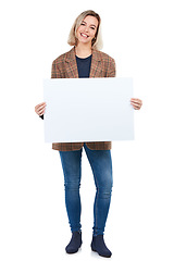 Image showing Portrait, poster and woman with sign for mockup, marketing or advertising space in studio isolated on a white background. Branding, product placement and female with banner for mock up or promotion.