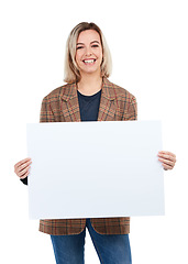 Image showing Portrait, sign and woman with poster for mockup, marketing or advertising space in studio isolated on a white background. Product placement, branding and female with banner for mock up or promotion.