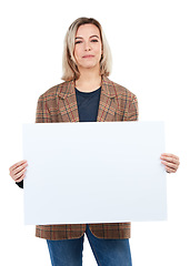 Image showing Poster, portrait and woman with sign for mockup, advertising or marketing space in studio isolated on white background. Branding, product placement and female with empty banner for promotion mock up.