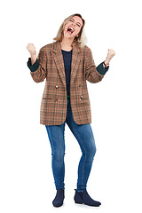 Image showing Success, celebration and woman excited about winning isolated on a white background in studio. Winner, achievement and girl celebrating a victory, yes or win on a studio background with motivation