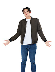 Image showing Man, fashion and shrug portrait while clueless and doubt about a question, advertising or sale. Asian model with open hands while awkward and uncertain about clothes isolated on a white background