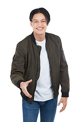 Image showing Fashion portrait, man and handshake in studio isolated on white background. Thank you, greeting and happy male model shaking hands for deal, agreement or contract, onboarding or welcome introduction.