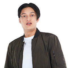 Image showing Studio portrait, asian man and face with surprise, shock expression and disbelief by white background. Isolated asian student, fashion and wow for news, announcement and information with trendy style