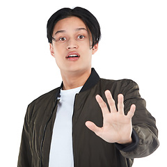 Image showing Young man, surprise and stop hand sign in portrait with caution, danger and shock isolated on white background. Palm, emoji and gen z youth with wow facial expression and body language marketing