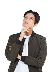 Image showing Thinking, idea and Asian man with a problem isolated on a white background in a studio. Solution, decision and thoughtful Japanese person with ideas, planning and problems on a studio background