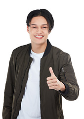 Image showing Thumbs up, success and portrait of man in studio isolated on a white background. Ok hand gesture, like emoji and male model with thumbsup for motivation, support or approval, thank you or agreement.