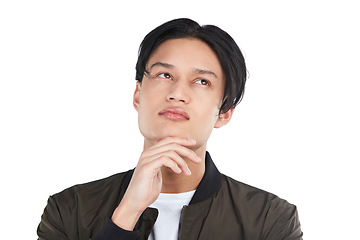 Image showing Thinking, decision and Asian man planning idea isolated on a white background in studio. Solution, problem and thoughtful Japanese person with ideas, contemplating and problems on a studio background