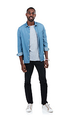 Image showing Young black man, full body portrait and standing ready isolated in white background studio for casual happiness. African man, happy lifestyle and positive mindset energy for confidence and success