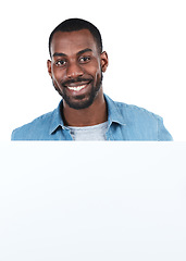 Image showing Face, portrait and black man with poster for mockup, marketing or advertising space in studio isolated on a white background. Product placement, branding and male with banner for mock up or promotion