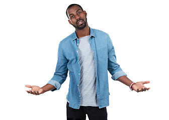 Image showing Portrait, shrug and mockup with a black man in studio isolated on a white background asking what or why. Doubt, hands and question with a handsome young male shrugging on blank marketing space