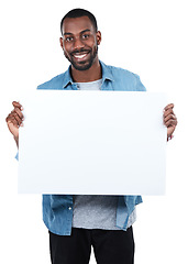 Image showing Sign, portrait and black man with poster for mockup, marketing or advertising space in studio isolated on a white background. Product placement, branding and male with banner for mock up or promotion