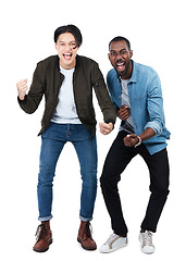 Image showing Success, win and portrait of friends cheering isolated on white background in studio. Winning, diversity and men with happiness, motivation and smile on a studio background with mockup space