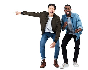 Image showing Celebration, motivation and portrait of friends cheering isolated on white background in studio. Winning, diversity and men with happiness, success and smile on a studio background with mockup space