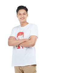 Image showing Arms crossed, happy man and portrait of a Asian person happy with a smile isolated in a studio. White background, male and model smiling with happiness with mock up space and positivity alone