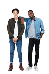 Image showing Happy, friends and men fashion portrait of full body in trendy, cool and casual person style. Happiness in interracial friendship of young people together in isolated studio white background.