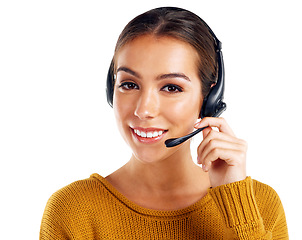 Image showing Call center, contact us and face of woman isolated with smile and communication on white background. Telemarketing, crm and girl in portrait at help desk for customer service phone call in studio.