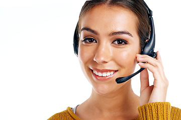 Image showing Telemarketing, product placement and portrait of woman isolated with smile on white background. Call center agency, crm and girl in headset at advisory startup for customer service in studio mock up.