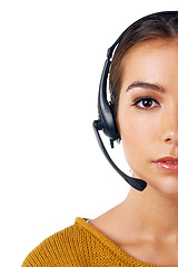 Image showing Call center, crm and half face of woman isolated and consulting with communication on white background. Telemarketing, sales and portrait of girl in headset at help desk or advisory agency in studio.