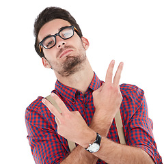 Image showing Portrait, man and sign for peace, attitude and punk guy isolated on white studio background. Edgy, young male and gentleman with gesture, fashion and glasses with person, geek and hipster with style