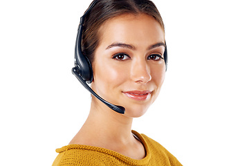 Image showing Communication, technology and portrait of woman at call center isolated with smile on white background. Telemarketing, crm and girl in headset at help desk for customer service phone call in studio.