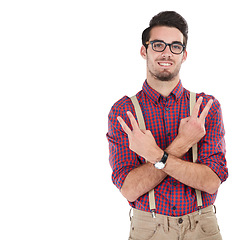 Image showing Peace, confident and portrait of a man with a hand sign isolated on a white background. Geek, cool and smiling nerd with a hand gesture for greeting, positivity and confidence on a studio background