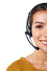 Image showing Call center, consultant and cropped portrait of woman isolated with smile and communication on white background. Telemarketing, crm and half face of girl in headset at customer service job in studio.