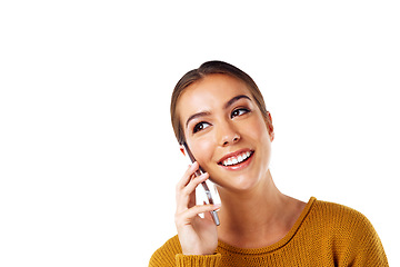 Image showing Woman, happy and studio with phone, communication and conversation on mobile network by white background. Model, phone call and isolated for phone technology, networking and talk with digital tech