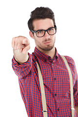 Image showing Blame, angry and man pointing portrait for conflict, problem or warning gesture for frustration. Unhappy, frustrated and anger of geek model with negative face on isolated white background.