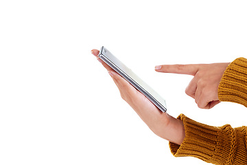 Image showing Woman, hand and phone in studio with screen, communication and typing by white background. Model, using phone and isolated for cellphone technology, networking and texting with digital mobile tech