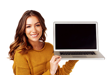 Image showing Student, portrait or laptop mockup screen on isolated white background for college elearning, education or studying app. Smile, happy, and woman on technology mock up for university website course