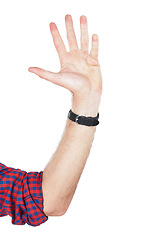 Image showing Hand, high five and man with hello, welcome and five number gesture with white background. Wave, stop or countdown sign language with a person isolated with palm in the air for waving greeting