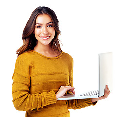 Image showing Woman, studio portrait and laptop for software, communication or coding by white background. Isolated model, mobile computer and smile for cybersecurity, programming or email with web connection